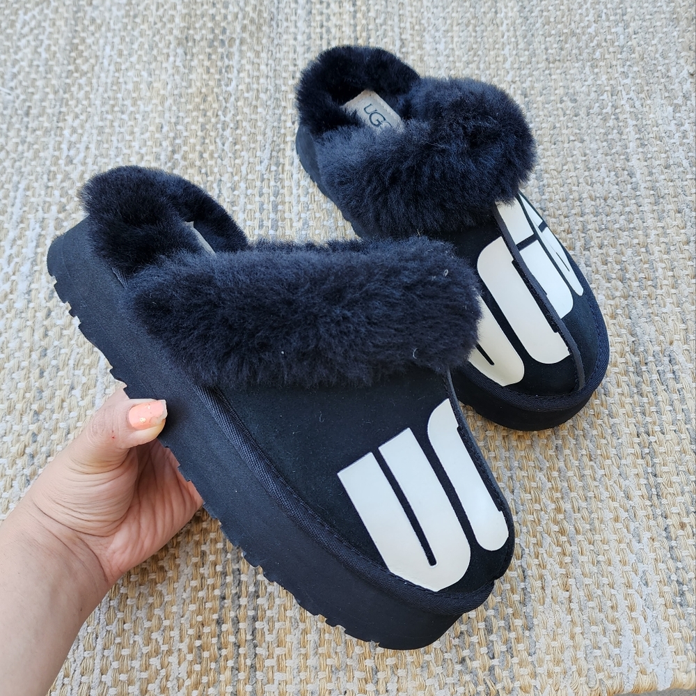UGG Disquette Chopd Black Platform Sherpa Slipper NEW Womens 7